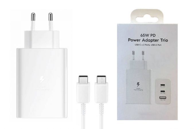 Сетевое зарядное устройство USB-C Samsung PD Adapter 65W 2xUSB-C + USB-A + кабель Type-C-Type-C (белый) (Л)