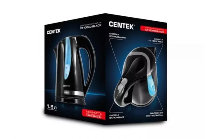 Чайник CENTEK CT-0040 черный 2200Вт, 1.8л, открывание кнопкой, внутр. подсветка