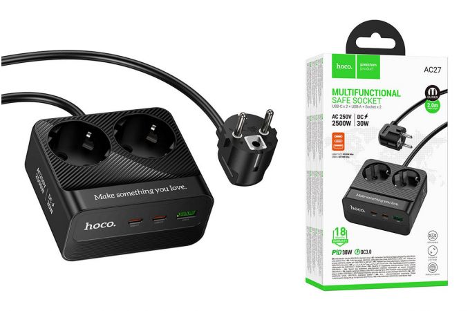 Сетевой фильтр HOCO AC27 Descanso 2 socket (with PD30W/2C1A) 2м (черный)