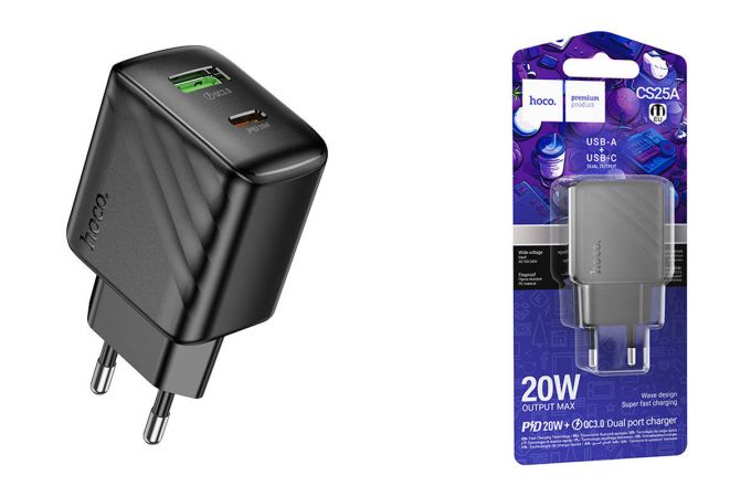 Сетевое зарядное устройство USB + USB-C HOCO CS25A Rico PD20W+QC3.0 (черный)