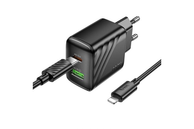 Сетевое зарядное устройство USB + USB-C + кабель Type-C - Lightning HOCO CS25A Rico PD20W+QC3.0 (черный)