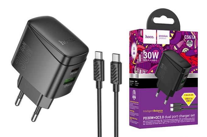 Сетевое зарядное устройство USB + USB-C + кабель Type-C - Type-C HOCO CS61A Bright PD30W+QC3.0 (черный)