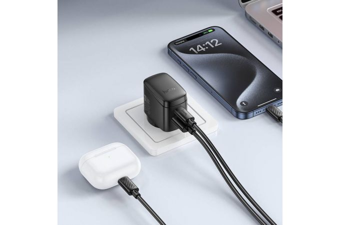 Сетевое зарядное устройство USB + USB-C + кабель Type-C - Type-C HOCO CS61A Bright PD30W+QC3.0 (черный)