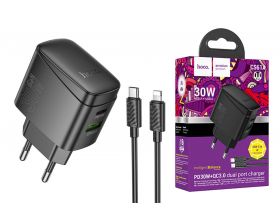 Сетевое зарядное устройство USB + USB-C + кабель Type-C - Lightning HOCO CS61A Bright PD30W+QC3.0 (черный)