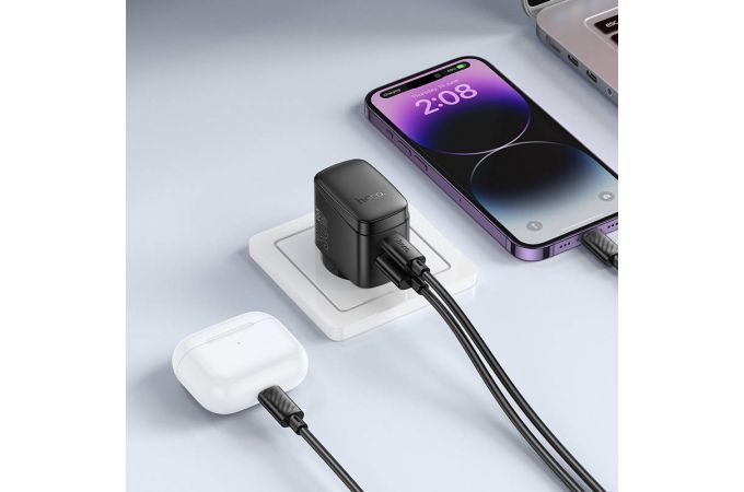 Сетевое зарядное устройство USB + USB-C + кабель Type-C - Lightning HOCO CS61A Bright PD30W+QC3.0 (черный)