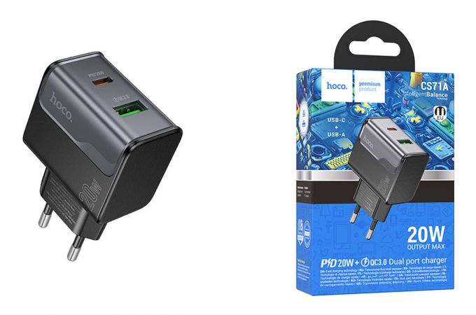 Сетевое зарядное устройство USB + USB-C HOCO CS71A Star Speed PD20W+QC3.0 (черная полночь)