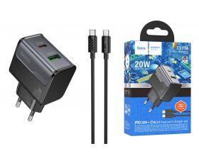 Сетевое зарядное устройство USB + USB-C + кабель Type-C - Type-C HOCO CS71A Star Speed PD20W+QC3.0 (черная полночь)