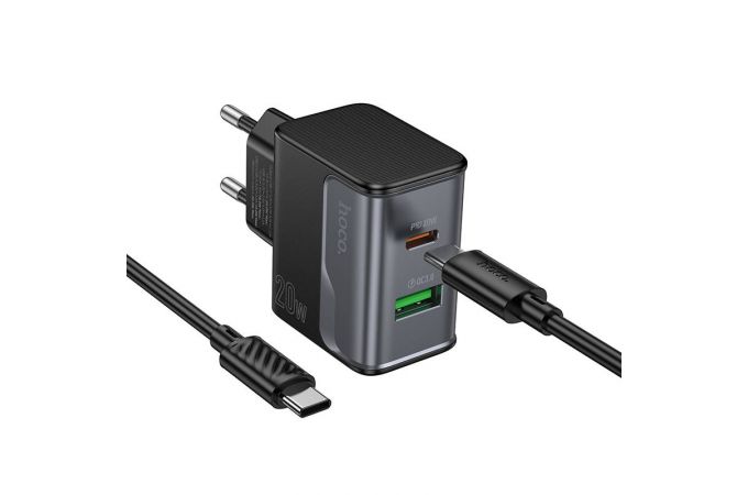 Сетевое зарядное устройство USB + USB-C + кабель Type-C - Type-C HOCO CS71A Star Speed PD20W+QC3.0 (черная полночь)