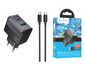 Сетевое зарядное устройство USB + USB-C + кабель Type-C - Type-C HOCO CS73A Star Speed PD30W+QC3.0 (черная полночь)