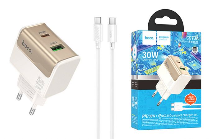 Сетевое зарядное устройство USB + USB-C + кабель Type-C - Type-C HOCO CS73A Star Speed PD30W+QC3.0 (белый)