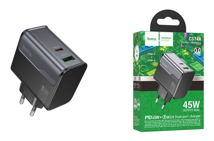 Сетевое зарядное устройство USB + USB-C HOCO CS74A Star Speed PD45W+QC3.0 (черная полночь)