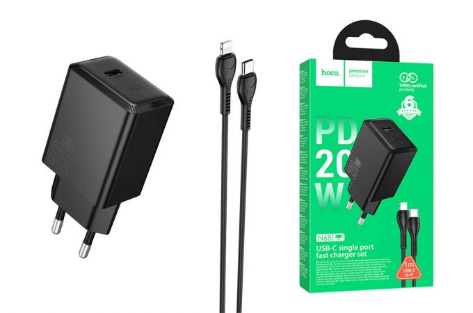 Сетевое зарядное устройство USB-C + кабель Type-C - Lightning HOCO N68 Nuevo single port PD20W (черный)