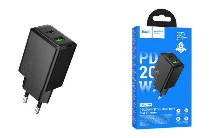 Сетевое зарядное устройство USB + USB-C HOCO N69 Nuevo PD20W+QC3.0 (черный)