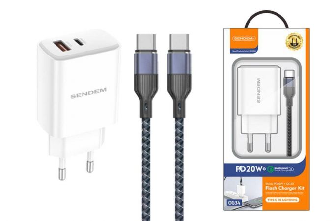 Сетевое зарядное устройство USB + USB-C + кабель Type-C – Type-C SENDEM OG33 (бело-черный)