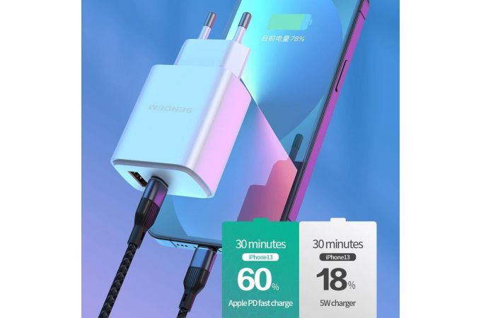 Сетевое зарядное устройство USB + USB-C + кабель Type-C – Type-C SENDEM OG33 (бело-черный)