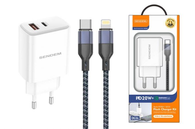 Сетевое зарядное устройство USB + кабель Lightning SENDEM OG34 (бело-черный)