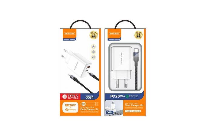Сетевое зарядное устройство USB + USB-C + кабель Type-C SENDEM OG34 (бело-черный)