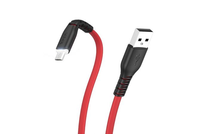 Кабель USB - MicroUSB HOCO X44 2,4A (красный) 1м (силикон, усиление угла)