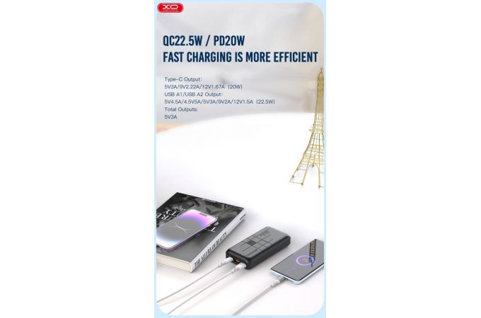 Универсальный дополнительный аккумулятор Power Bank XO PPR187 OLD LOGO fast charge light display PD20W+QC22.5W 10000mAh (Чёрный)