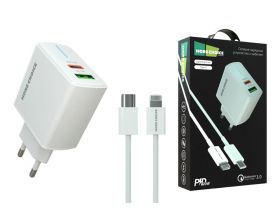 Сетевое зарядное устройство USB + USB-C More Choice PURE СЗУ 1USB+1Type-C 3.0A PD 20W+QC3.0 быстрая зарядка для Lightning 8-pin Type-C NC61i (White)