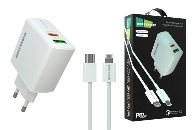 Сетевое зарядное устройство USB + USB-C More Choice PURE СЗУ 1USB+1Type-C 3.0A PD 20W+QC3.0 быстрая зарядка для Lightning 8-pin Type-C NC61i (White)