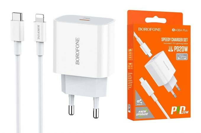 Сетевое зарядное устройство USB + кабель Lightning - Type-C BOROFONE BA38A PD20W+QC 3.0 (белый)