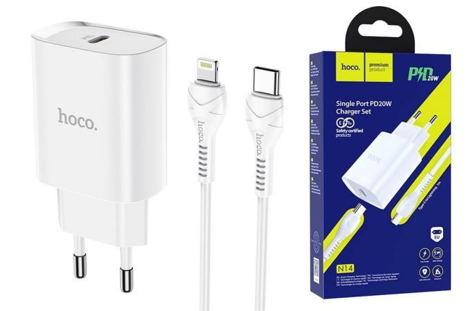 Сетевое зарядное устройство USB-C + кабель Lightning - Type-C HOCO N14 PD20W+QC 3.0 (белый)
