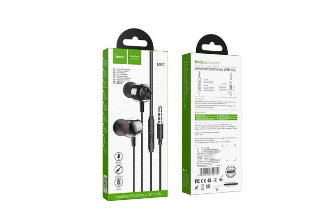 Наушники вакуумные проводные HOCO M87 String wired earphones with with microphone (черный)