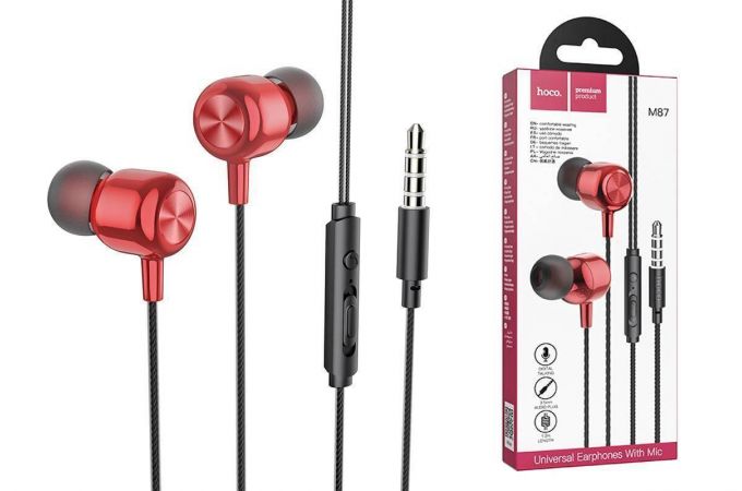 Наушники вакуумные проводные HOCO M87 String wired earphones with with microphone (красный)