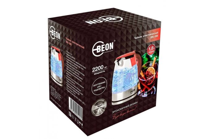 Чайник BEON BN-386 красный 2200Вт,1,8л, стекло, LED,автооткрывание крышки