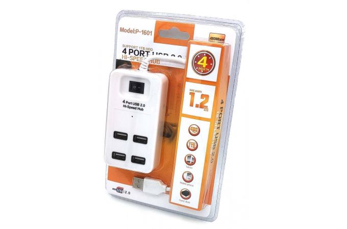 Разветвитель USB HUB 2.0 NN-HB001 на 4 порта с кнопкой включения (белый)