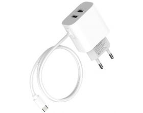 Сетевое зарядное устройство 2USB + кабель Type-C Maxvi CHL-242T (белый)