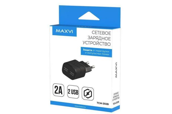 Сетевое зарядное устройство USB Maxvi (TCM-202B) 2 USB (черный)