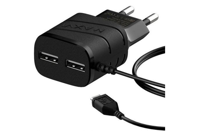 Сетевое зарядное устройство 2USB + кабель MicroUSB Maxvi (TCM-202MB) (черный)