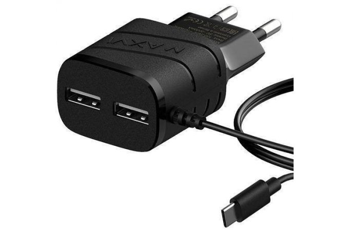 Сетевое зарядное устройство 2USB + кабель Type-C Maxvi TCM-202TB (черный)