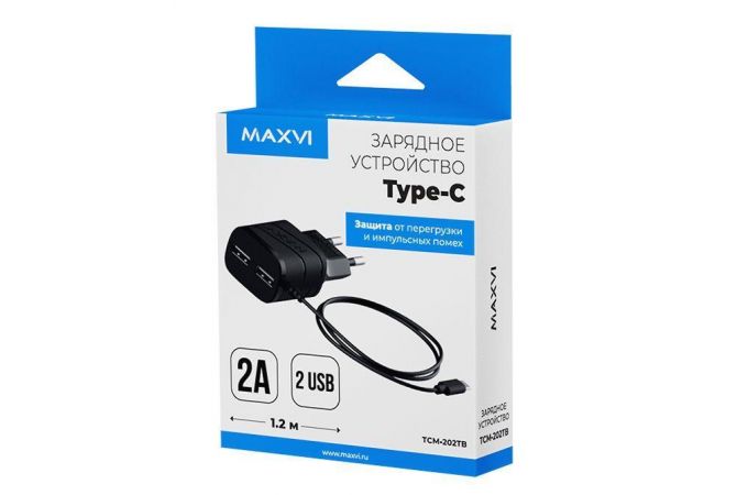 Сетевое зарядное устройство 2USB + кабель Type-C Maxvi TCM-202TB (черный)