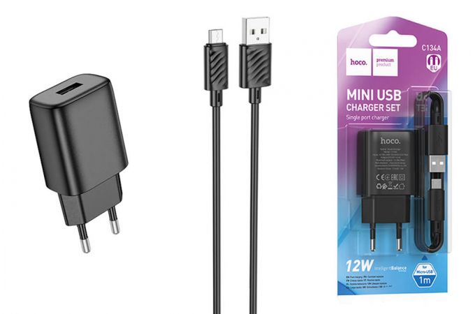 Сетевое зарядное устройство USB + кабель MicroUSB HOCO C134A Solid 2100mAh (черный)