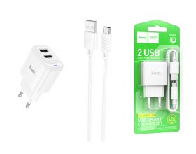 Сетевое зарядное устройство 2USB + кабель Type-C HOCO C141A Smart (белый)