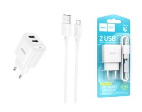 Сетевое зарядное устройство 2USB + кабель MicroUSB HOCO C141A Smart (белый)