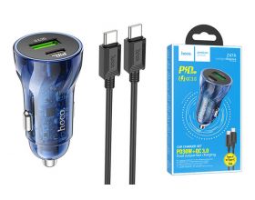 Автомобильное зарядное устройство АЗУ USB + Type-С + кабель Type-C HOCO Z47A Transparent Discovery Edition dual port PD30W+QC3.0 (синий прозрачный)