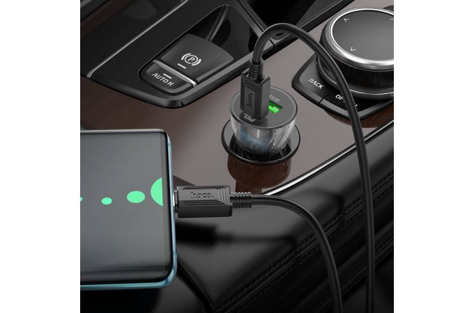 Автомобильное зарядное устройство АЗУ USB + Type-С + кабель Type-C HOCO Z47A Transparent Discovery Edition dual port PD30W+QC3.0 (синий прозрачный)