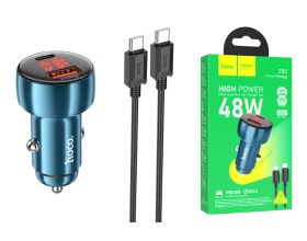 Автомобильное зарядное устройство АЗУ USB-С + кабель Type-C HOCO Z50 Leader 48W dual-port PD30W+QC3.0 car charger  (синий)