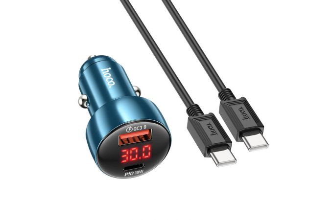 Автомобильное зарядное устройство АЗУ USB-С + кабель Type-C HOCO Z50 Leader 48W dual-port PD30W+QC3.0 car charger  (синий)