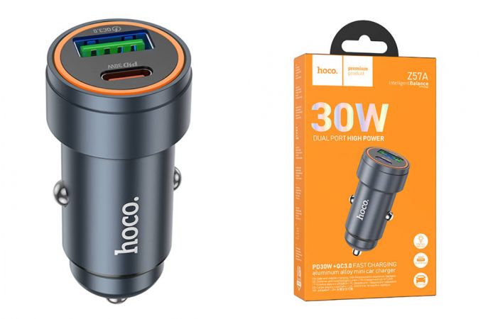 Автомобильное зарядное устройство АЗУ USB + USB-C HOCO Z57A Glorious PD30W+QC3.0 car charger (металлик)