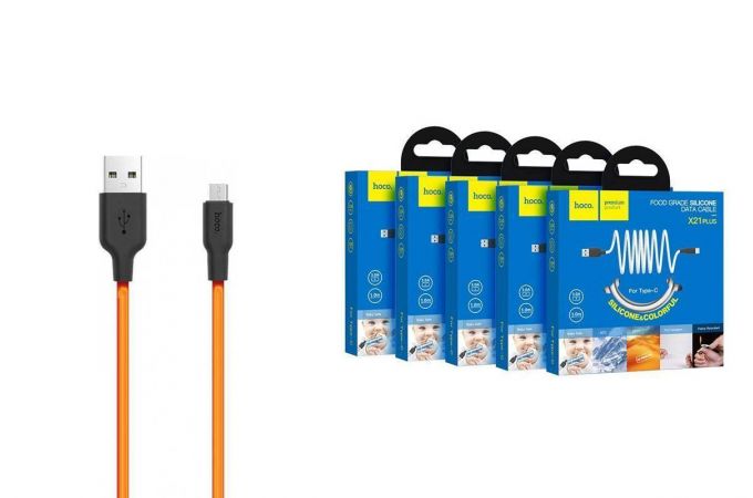 Кабель USB - MicroUSB HOCO X21 Plus 2,4A (черно-оранжевый) 1м (силикон)