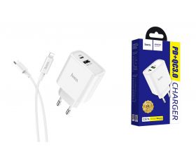 Сетевое зарядное устройство USB + USB-C + кабель Lightning - Type-C HOCO C57А Speed charger PD+QC3.0 (белый, iPhone 11 серии)