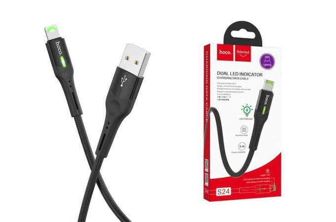 Кабель USB - Lightning HOCO S24, 2,4A (черный) 1,2м (LED индикатор, в оплетке)