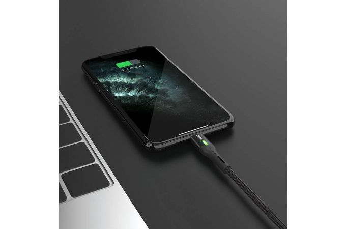 Кабель USB - Lightning HOCO S24, 2,4A (черный) 1,2м (LED индикатор, в оплетке)