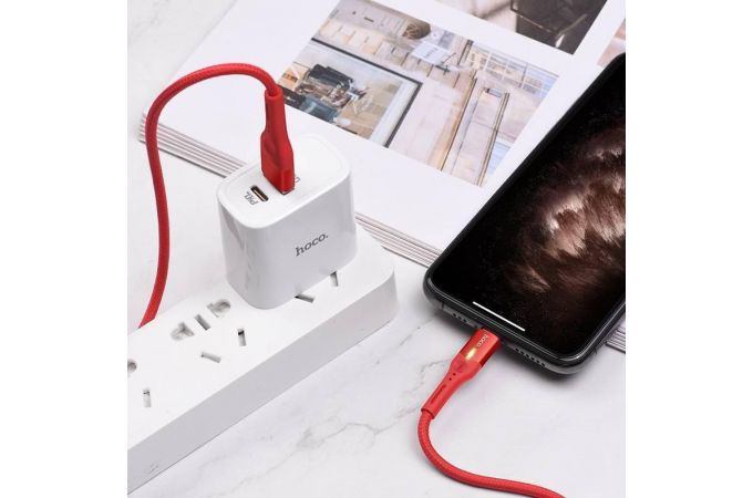 Кабель USB - Lightning HOCO S24, 2,4A (красный) 1,2м (LED дисплей, в оплетке)