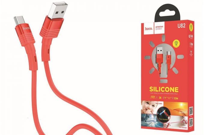 Кабель USB - USB Type-C HOCO U82, 3A (красный) 1,2м (силиконовый, LED индикатор)
